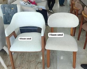Ağ rəngli yumşaq parça ilə üzlənmiş taxta ayaqlı stullar. Model 1