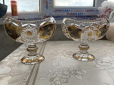 meyvə qablari: Kəsmə naxışlı kristal şirniyyat qabları (2 ədəd) - Material: qalın — 4