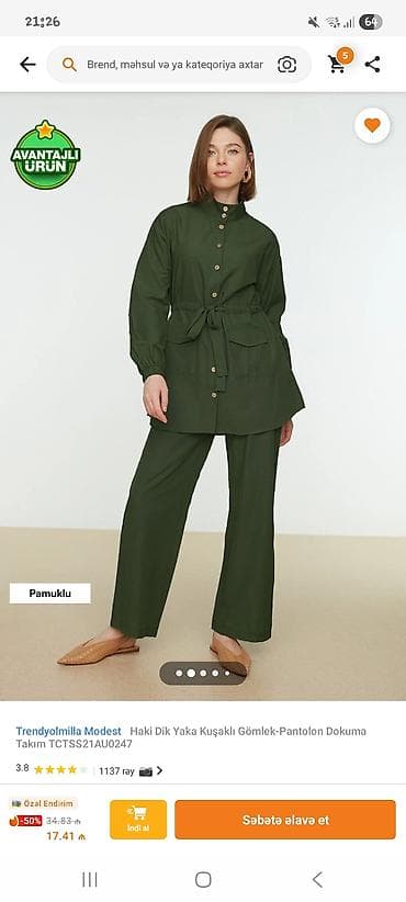 geyim desti: Qadın iki parça dəst – tünd yaşıl rəngdə, pambıq tərkibli - Üst — 7