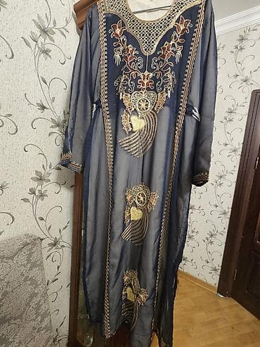 uzun kofta: Qadın üçün milli üslubda uzun don - Rəng: tünd göy (şəffaf şifon üst — 2