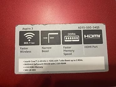 prosessor satilir: Acer Aspire 3 A315-55G-34QS noutbuk - Rəng: qırmızı gövdə - Ekran — 1