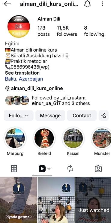 Dayələr: Xarici dil kursu, Alman dili, Böyüklər üçün, Uşaqlar üçün, IELTS/TOEFL, Abituriyentlər üçün — 1