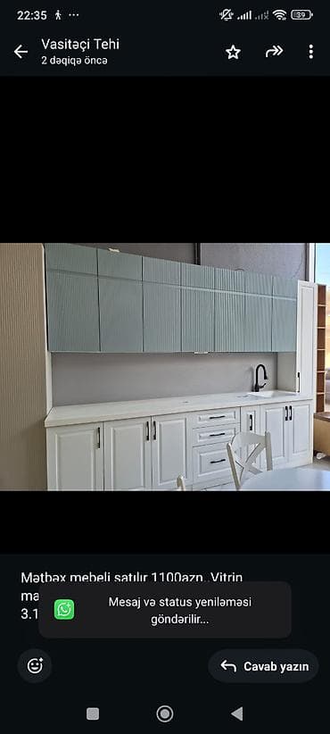 çeni: Mətbəx mebeli satılır 1100azn. Vitrin malıdır. Üzəri tökmə — 1