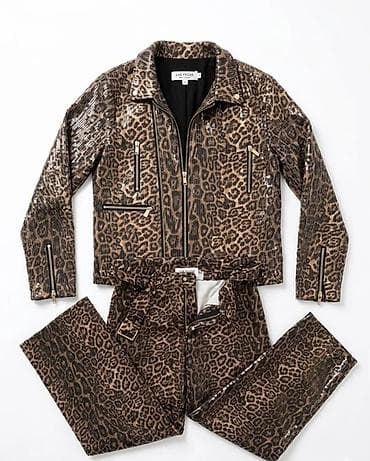 seksi geyim: Leopar naxışlı parlaq iki hissəli kostyum – ceket və şalvar dəsti - — 1