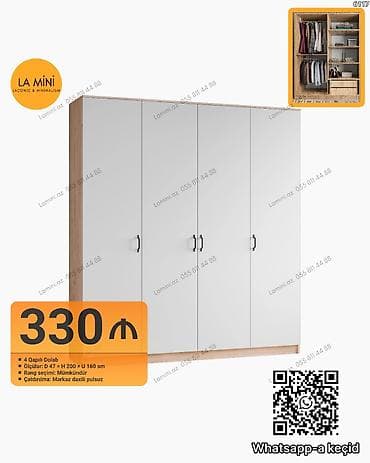 4 qapılı, Siyirməli, Ağ, Açılan, Düz dolab