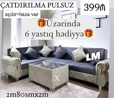 Künc divan dəsti - Ölçü: 2 m 80 sm x 2 m - Açılır mexanizm - Baza var