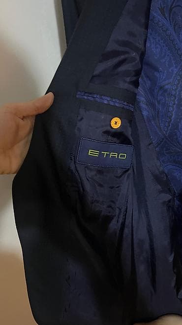 stringer alt geyimi: Etro kişi kostyumu – tünd lacivərt, xırda zolaqlı parça - Dəst: 2 — 4