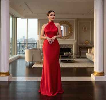 ketan don: Qırmızı ziyafət/axşam geyimi - Model: Uzun, bədənə oturan siluet - — 1