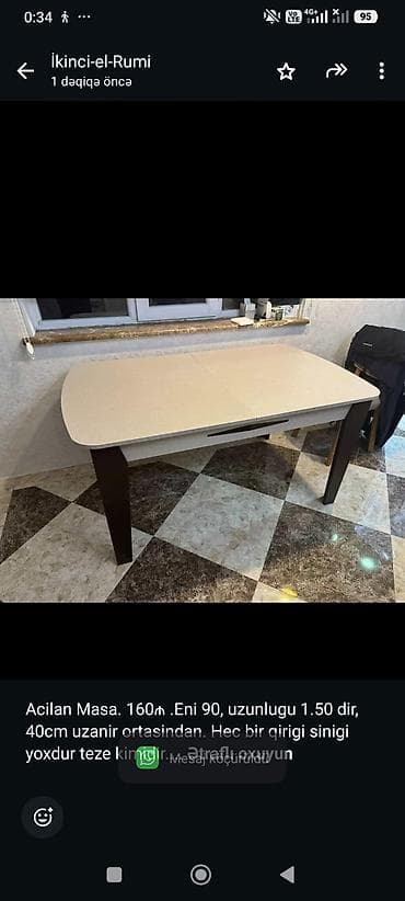 Acilan Masa. 160₼ .Eni 90, uzunlugu 1.50 dir, 40cm uzanir ortasindan — 1