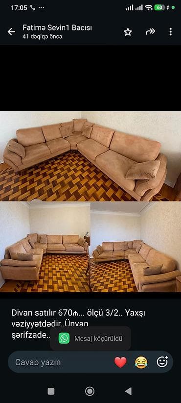 Divan satılır 670₼. ölçü 3/2. Yaxşı vəziyyətdədir. Ünvan — 1