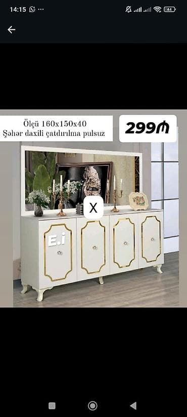 seyf dolab: Mebel – Konsol/Bufet güzgülü - Rəng: ağ, qızılı dekor xəttləri - Ön — 1
