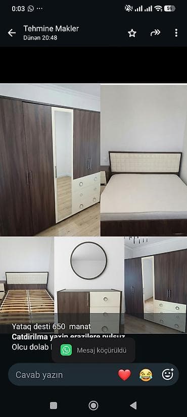 Yataq desti 650 manat *Catdirilma yaxin erazilere pulsuz* Olcu dolab