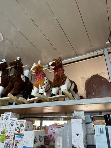 qəhvəyi bodiklər: Taxta yellənən at oyuncağı. Müxtəlif rənglərdə, yumşaq materialdan — 2