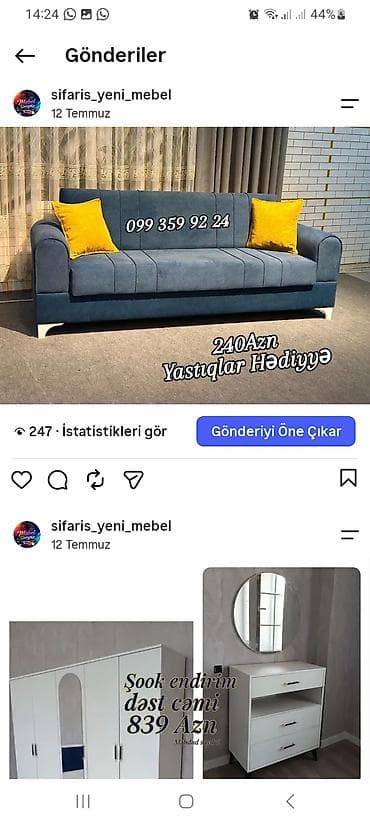 sultan divan: Mebel dəsti və divan - Mavi rəngdə müasir dizaynlı, yumşaq oturacaqlı — 1