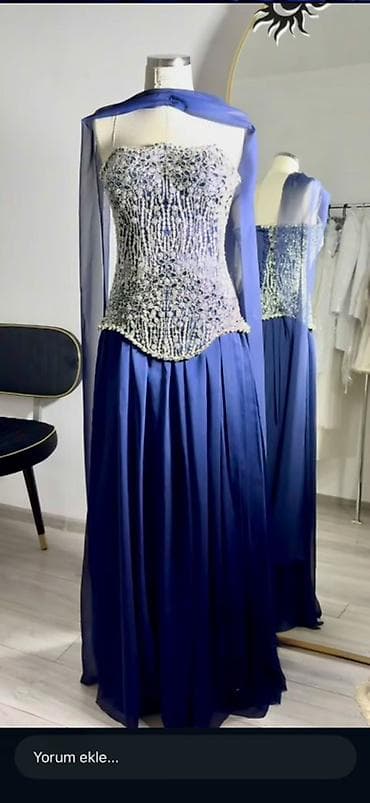 Zərif axşam/gecə geyimi – tünd mavi - Model: straplez, korset üstlü -