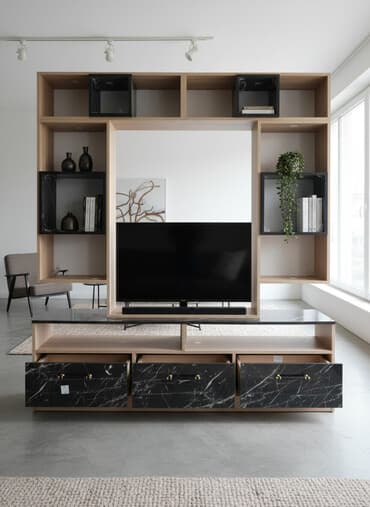 madeyra tv stend: Düz TV altlığı, Polkalı, Laminat — 1