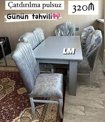 Masalar: Masa + 6 Oturacaq dəsti Masa bağlı: 90×1.70+6stul: 320₼ Masa açılan — 2