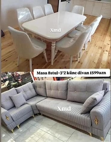 stol stul dəst: Məhsul dəsti: - Yemək masası + 8 ədəd stul - 3+2 ölçülü künc divan — 1