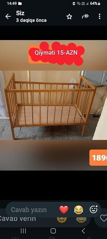 beşik: Taxta uşaq beşik - Material: möhkəm taxta karkas, şaquli barmaqlıqlar — 1