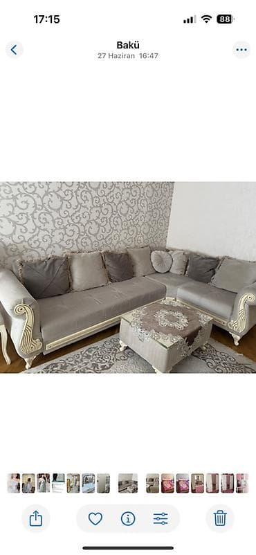 puflar: Künc divan dəsti – klassik dizayn - Rəng: Açıq boz/bej tonlarında - — 2