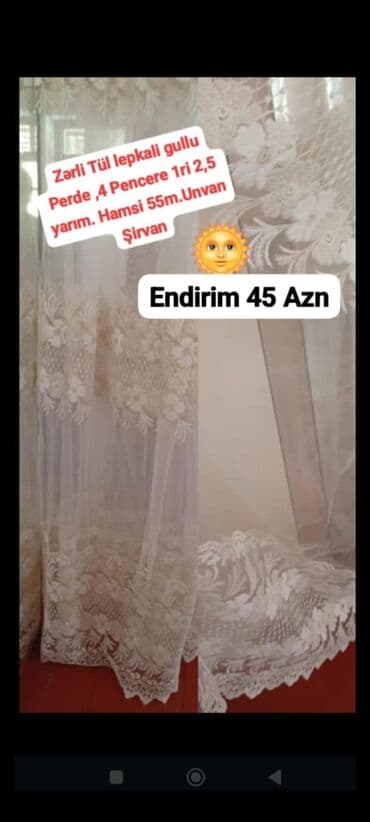 quru süd qiyməti: Zərli tül, lepkalı güllü pərdə seti. 4 pəncərə üçün, hər biri 2,5 — 1