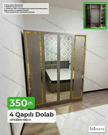 paltar dolab: 4 qapılı şkaf – 47×200×160 sm - Material: 18 mm laminat - Rəng — 1