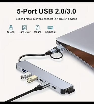 5 Portlu USB 2.0/3.0 Hub – USB‑C + USB‑A 2‑in‑1 Xüsusiyyətlər: - 5
