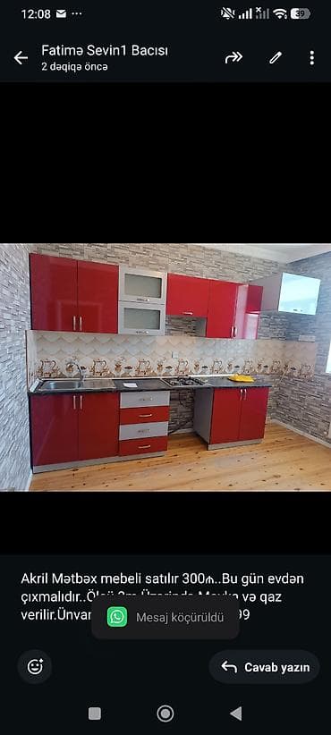 Akril Mətbəx mebeli satılır 300₼. Bu gün evdən çıxmalıdır. Ölçü — 1