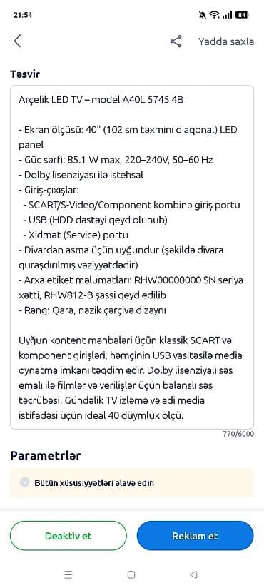 DVD və Blu-ray pleyerlər: LG TV – 107 sm (42”) ekran Xüsusiyyətlər: - Ekran diaqonalı: 107 sm — 7