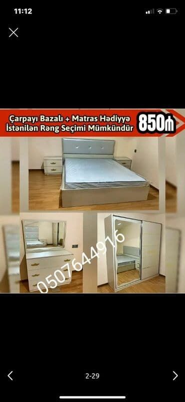 Sifarişlə oturacaqlar: Bu yataq otağı mebel dəstinə iki tərəfli çarpayı, matras, komod, şkaf — 3