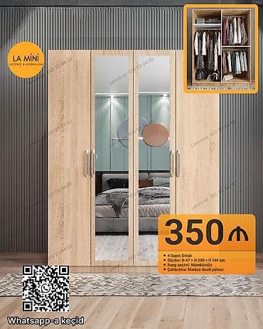 qab dolabi: 4 qapılı, Güzgülü, Digər rəng, Taxta, Açılan, Düz dolab — 1