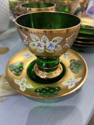 çay serviz: Çay dəsti, rəng - Yaşıl, Bohemia, 6 nəfərlik, Çexiya — 5