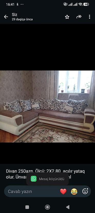 inter tekstil sumqayit: Divan 250azn. Ölçü: 2X2.80 açılır yataq olur. Ünvan Maştağa (1187) — 1