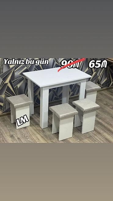 Mətbəx/dininq dəsti – ağ rəngli masa və 4 taburet - Minimalist