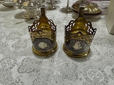 qaşığ: Zərif süfrə üçün metal (gümüş rəng və qızılı tonlarda) servis dəsti — 5