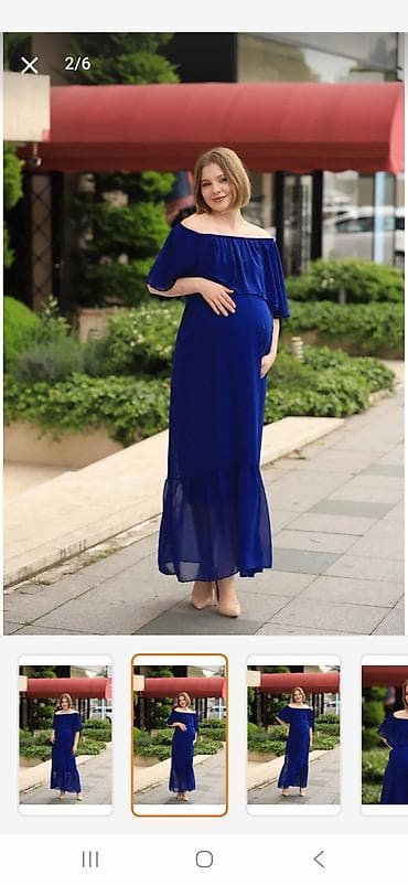 güllü don: Mavi rəngdə hamilə maxi don - Stil: Açıq çiyinli (off-shoulder) — 2