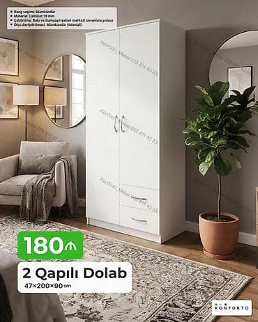 2 qapılı dolab – 47×200×90 sm Xüsusiyyətlər: - Material: 18 mm — 1