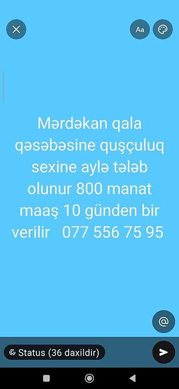 derzi iş: Vakansiya: Mərdəkan–Qala qəsəbəsində quşçuluq sexinə ailə tələb — 1