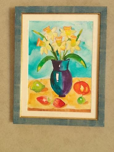 pitbull sekilleri: Akvarel tablo – “Nərgizlər və meyvələr” mövzusunda natürmort. - — 2