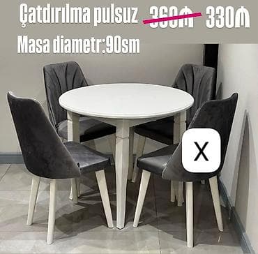 stol ustul: Dəyirmi yemək masası və 4 ədəd stul dəsti - Masa diametri: 90 sm - — 1