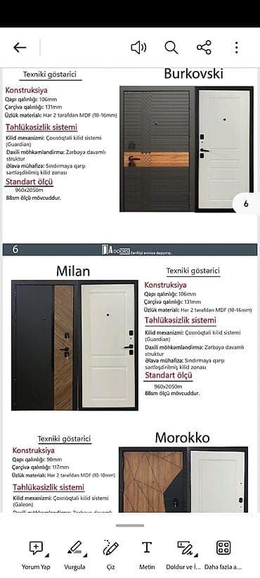 Giriş qapıları – Burkovski, Milan, Morokko modelləri Texniki