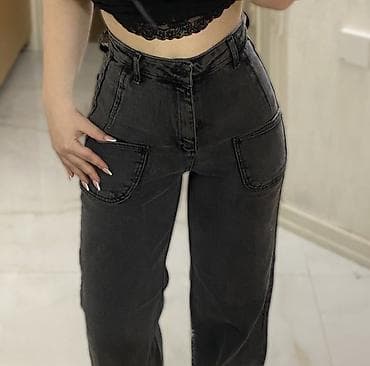 Джинсы: Butikdən alınıb. Yüksək belli, önü cib detaylı boz rəngdə geniş — 2