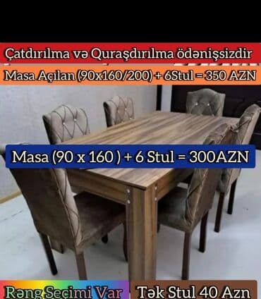 Taburetlər: Qonaq otağı üçün, Yeni, Açılmayan, Dördbucaq masa, 6 stul — 6