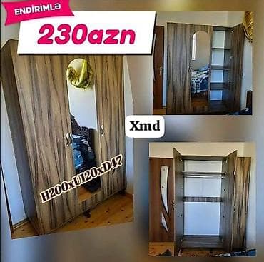 3 qapılı, Güzgülü, Qəhvəyi, Taxta, Açılan, Düz dolab