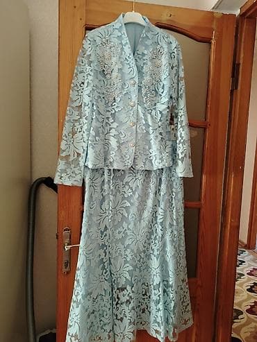 xari bulbul yaxa sancagi: Mavi krujeva qadın dəsti – pencək + ətək - Rəng: açıq mavi (pastel) - — 5