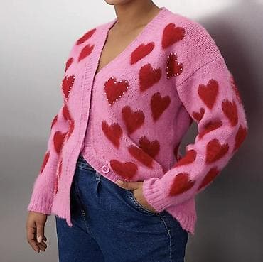 jordan jaket: Qadın kardiqanı – ürək naxışlı - Rəng: çəhrayı fon üzərində qırmızı — 2