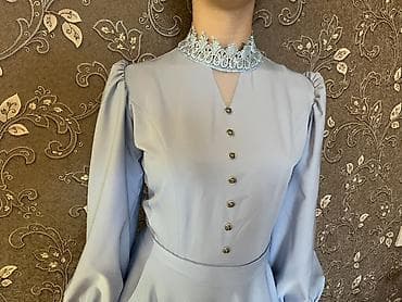 Açıq mavi rəngdə uzun ziyafət/gecə paltarı - Model: A-kəsim, yerə — 3