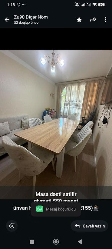 *Masa dəsti satilir* *qiyməti 550 manat* *ünvan Həzi Aslanov