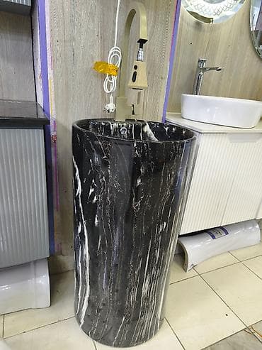 Mərmər dizaynlı döşəməüstü lavabo və kran komplekti - Silindrik — 1