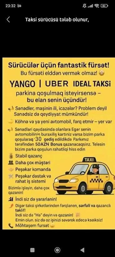 Taksi sürücüsü tələb olunur, Şəxsi nəqliyyat vasitəsi ilə, Gündəlik ödəniş, Təcrübəsiz